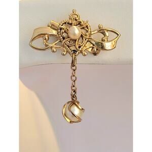 Coro Heart Brooch w/Pearl Drop VTG Signed MCM